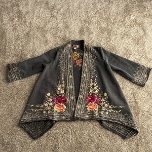 Johnny Was Gray Embroidered Cardigan with Asymmetrical Hem